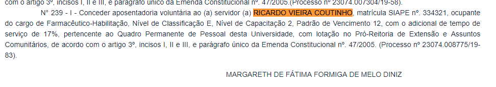 Portaria de aposentadoria de Ricardo Coutinho (Reprodução Imprensa Nacional)